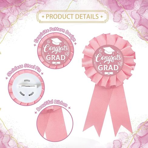 Pink Congrats Grad Tinplate Badge Pin, Graduation Button Pin for Women Girl, Pink Rosette Senior High School College Graduation Award Ribbon, Grad Party Favors in Kuwait