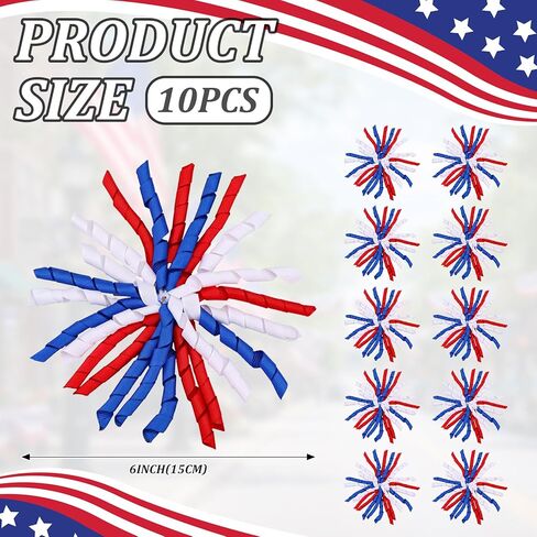 Engrowtic 10 Pack 4th of July Curly Bows for Gift Wrapping 6 Inch Red Blue White Curling Ribbon Bows Large Patriotic Gift Accessory Decorations for Independence Day Memorial Veteran's Day Party Favors in Kuwait