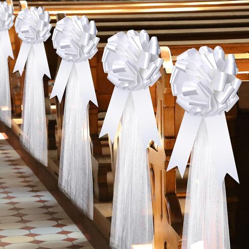 Dingion 30 Set Large Wedding Pew Bows Wedding Aisle Decorations with 47" Fabric Tulle Church Chair Aisle Decor for Bridal Shower Reception Ceremony Anniversary Parties(White) in Kuwait
