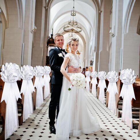 Dingion 30 Set Large Wedding Pew Bows Wedding Aisle Decorations with 47" Fabric Tulle Church Chair Aisle Decor for Bridal Shower Reception Ceremony Anniversary Parties(White) in Kuwait