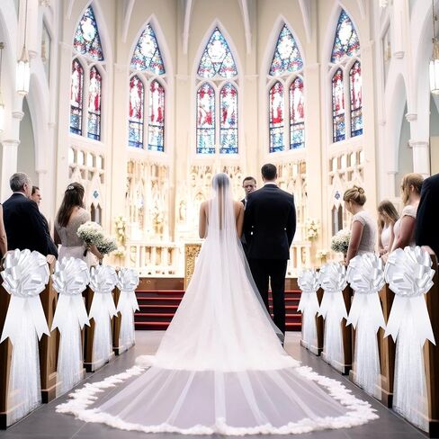 Dingion 30 Set Large Wedding Pew Bows Wedding Aisle Decorations with 47" Fabric Tulle Church Chair Aisle Decor for Bridal Shower Reception Ceremony Anniversary Parties(White) in Kuwait