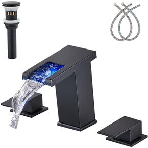 LED Widespread Bathroom Faucet Black - Waterfall Bathroom Faucets for Sink 3 Hole, Bathroom Sink Faucet 8 Inch 2 Handles, Modern Bathroom Faucets with Pop-up Drain & cUPC Supply Lines