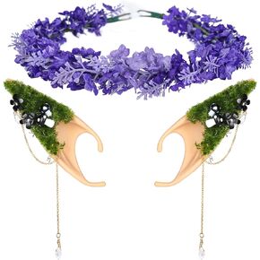 FRESHME Black Mushroom Elf Ears with Butterfly Flower Headpiece Set, Forest Purple Butterfly Floral Crown and Soft Pixie Mushroom Ears for Women Christmas Renaissance Halloween Custome Bridal Cosplay
