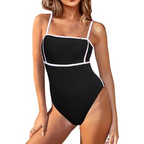 Saodimallsu Womens One Piece Swimsuit Color Block Spaghetti Strap Ribbed Tummy Control Bathing Suits High Cut Swimwear