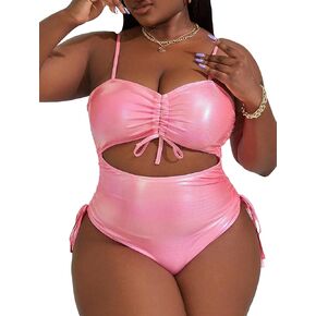 MakeMeChic Women's Plus Size Metallic Cut Out Drawstring One Piece Swimsuit High Cut Bathing Suit