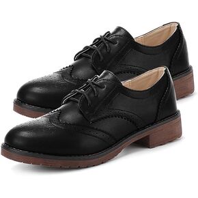 Fashion Women Oxford Shoes Block Heel Lace Up Derby Casual Brogue Shoes Brown Sneaker