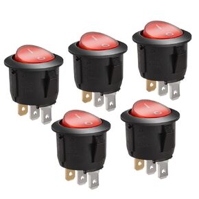 Round Rocker Switch ON-Off SPST 3 Terminals Red Light 10A 250VAC 5Pack