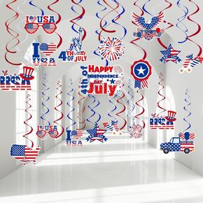ORG 30 Pcs Happy 4th of July Decoration, Independence Day Hanging Swirls Patriotic American Flag/Star Streamers Memorial Day Red Blue and Silver Swirls Decor for 4th July Party Supplies