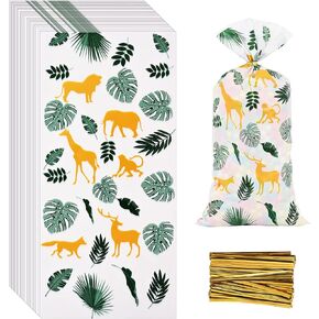 Lecpeting 100 Pcs Jungle Animal Treat Bags Safari Animal Cellophane Candy Bags Jungle Plastic Goodie Storage Bags Safari Party Favor Bags with Twist Ties for Safari Theme Birthday Party Supplies