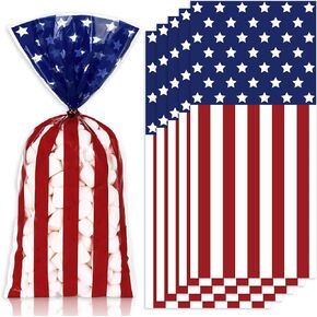 JarThenaAMCS 100Pcs Patriotic Cellophane Treat Bags with Twist Tie Star Stripe Plastic Gift Bags 4th of July Candy Goodie Bags for Veterans Memorial Independence Day Birthday Party Supplies