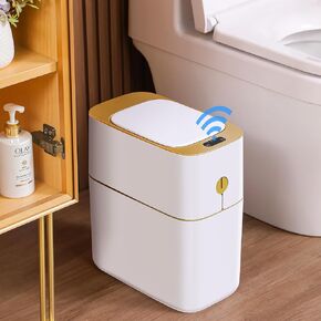 Bathroom Trash Can Automatic 3.5 Gallon Garbage Can - Touchless Gold Trash Can with Lid, Small Plastic Slim Waste Basket for Bedroom, Office, Living Room, Toilet, Laundry, Dormitory