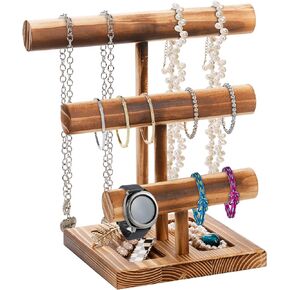 Okllen 3-Tier Wooden Bracelet Holder Stand, Jewelry Organizer T-Bar Bracelet Display for Watch, Necklace, Bracelet, Bangle, Brown