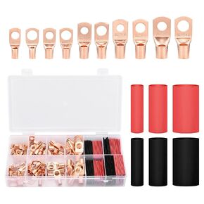 ACBungji 150 Pcs Copper Wire Lugs Battery Cable End Kit, Including 70 Pcs Ring Terminal Connectors Ends Awg 2 4 6 8 10 10 12 Gauge with 2:1 Heat Shrink Tubing 80 Pcs