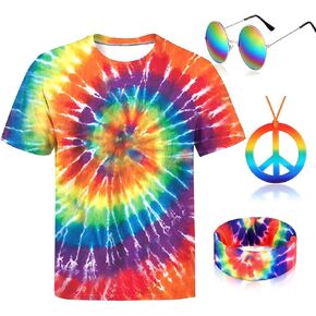 4 Pieces Hippie Costume Set,Tie Dye Shirt Women Men,Tie Dye Sunglasses Headband,Peace Sign Necklace,70s Outfits