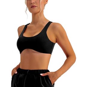 FEOYA Scoop Neck Sexy Sports Bra for Women Padded Low Cut Low Impact Workout Fitness Bra U Back Curved Sculpt Bra