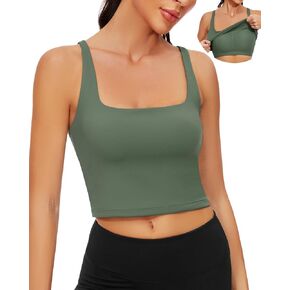WOWENY Longline Sports Bras for Women Square Neck Workout Crop Tank Tops Padded with Built in Bras Fitness Yoga Gym Tops