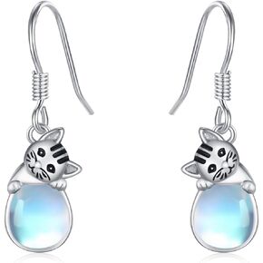 Dreamboat Cat Dangle Drop Earrings 925 Sterling Silver Moonstone Dangling Hook Earring Cat Jewelry Gifts for Women Girls
