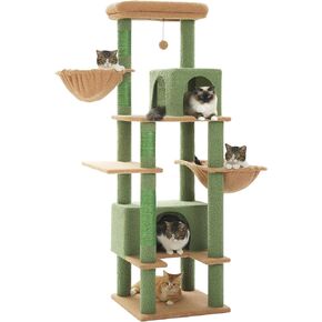 PEQULTI 54'' Cat Tree for Large Cats, Tall Cat Tower with Cozy Cat Condo, Cat Scratching Posts and Wide Top Perch for Indoor Cats, Beige