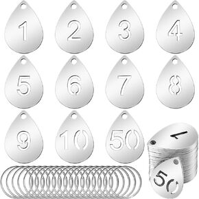 50 Pcs Hollowed Stainless Steel Number Tags Metal Numbered Key Tags Number Key ID Tags with Key Rings Chain(Drop, 1-50)