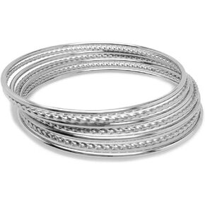 Loralyn Designs Thin Silver Stainless Steel Textured Bangle Bracelet Set of 7