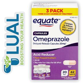 Omeprazole Acid Reducer for Heartburn, | 42 Capsules |. Includes Luall Sticker + Equate Omeprazole Delayed Release 20 mg