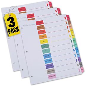 1InTheOffice Monthly Dividers for 3 Ring Binder, Monthly Dividers, Monthly Binder Dividers with Tabs, Table of Contents, 12-Tab, Jan-Dec, 8.5" x 11", Multi-Color Tabs, 3 Pack