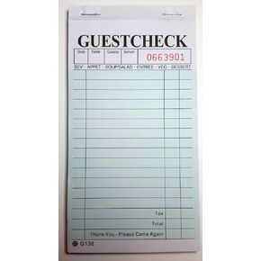 G138 Two-Part Interleaving Carbon Guest Check, Green, 6-3/4" Length x 3-1/2" Width, Qty: 500 (Poly of 10 Books, 50 Sheets Per Book)