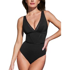CUPSHE Women's One Piece Swimsuit Tummy Control Deep V Neck Adjustable Straps Crisscross Self Tie Mesh