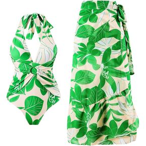 ODASDO Women One Piece Swimsuit with Beach Cover Ups Wrap Skirt Sarong Retro Floral Print Bathing Suit Vacation Beachwear
