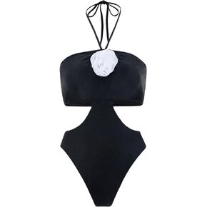 MakeMeChic Women's Halter Neck 3D Flower Summer One Piece Swimsuit Cut Out Tie Back Sleeveless Beach Monokini