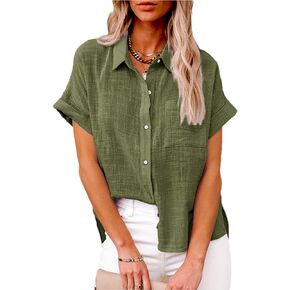 Womens Cotton Linen Short Sleeve Button Down Shirts Casual V Neck Plain Blouses Tops