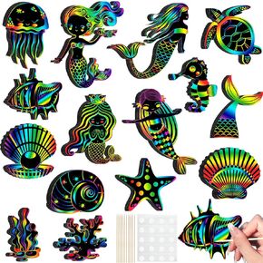 Lunmon 60 Pcs Mermaid Scratch Card for Kids Rainbow Ocean Fish Paper Crafts Mermaid Party Supplies Sea Animal Ornament Under The Sea Party Favors with Wooden Stick and Ribbon for Mermaid Party