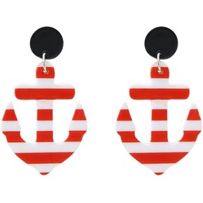 Acrylic Anchor Dangle Earrings for Women Girls Nautical Marine Statement Charms Drop Dangling Round Stud Earring Fashion Lightweight Ocean Sea Navy Theme Jewelry Red White Striped