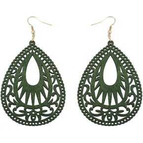 Bohemian Geometric Wood Earrings for Women Girls Vintage Natural Wooden African Lightweight Teardrop Dangle Earrings Statement Boho Jewelry