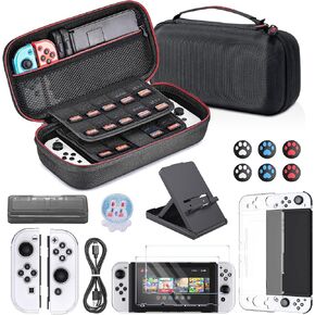 Younik Switch OLED Accessories Bundle, 16 in 1 Accessories Kit Includes Switch OLED Carrying Case, Protective Case Cover for Console & J-Con, Screen Protector, Adjustable Stand, Switch Game Case