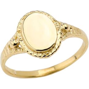 10K Yellow Gold Engravable Oval Signet Ring with Rope Detail, Fluting, and Tapered Shank