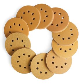 WORKPRO 150-piece Premium Sanding Discs Set, 5" 8 Holes Hook and Loop Sandpaper, 60 80 100 120 150 180 240 320 400 600 Assorted Grits for Random Orbital Sander, Fits Woodworking & Metalworking, Gold