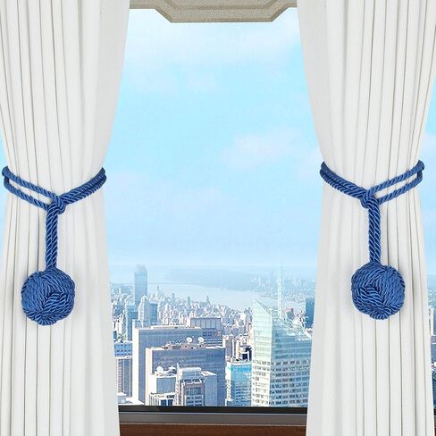 OCIOLI 2 Pieces Curtain Tiebacks Curtain Holdbacks Curtain Pull Backs with Big Woven Ball Hand Woven Tie Back Curtain Tie Backs for Curtains (Blue, 2) in Saudi Arabia