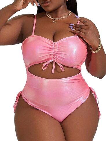 MakeMeChic Women's Plus Size Metallic Cut Out Drawstring One Piece Swimsuit High Cut Bathing Suit in Saudi Arabia
