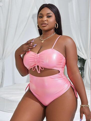 MakeMeChic Women's Plus Size Metallic Cut Out Drawstring One Piece Swimsuit High Cut Bathing Suit in Saudi Arabia