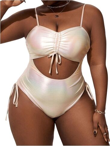 MakeMeChic Women's Plus Size Metallic Cut Out Drawstring One Piece Swimsuit High Cut Bathing Suit in Saudi Arabia