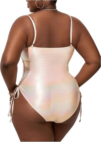 MakeMeChic Women's Plus Size Metallic Cut Out Drawstring One Piece Swimsuit High Cut Bathing Suit in Saudi Arabia