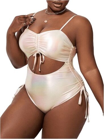 MakeMeChic Women's Plus Size Metallic Cut Out Drawstring One Piece Swimsuit High Cut Bathing Suit in Saudi Arabia