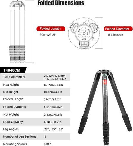 SUNWAYFOTO T4040CM Heavy Duty Carbon Fiber Tripod for Video Camera and Shooting, 4 Sections, 88lb(40kg) Load in Saudi Arabia