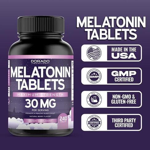 أقراص الميلاتونين 30 ملغ للبالغين (240 قرصًا) - أقراص سريعة الذوبان تحتوي على 30 ملغ من الميلاتونين لكل قرص - خالية من الغلوتين، وغير معدلة وراثيًا، نباتية 100%، ومذاق رائع - نكهة التوت المختلطة - 240 قرصًا in Kuwait