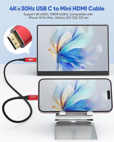 كابل USB C إلى Mini HDMI بطول 3 أقدام للشاشة المحمولة، سلك عالي السرعة من النوع C إلى Mini HDMI 2.0 4K@30 هرتز، 2K، 1080P، HDR، ARC لأجهزة الكمبيوتر المحمول، MacBook، iPad Pro، iPhone 15 Pro/Max، Galaxy S23/S22 in Kuwait