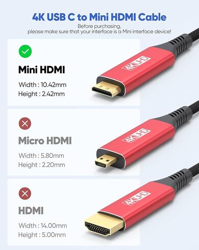 كابل USB C إلى Mini HDMI بطول 3 أقدام للشاشة المحمولة، سلك عالي السرعة من النوع C إلى Mini HDMI 2.0 4K@30 هرتز، 2K، 1080P، HDR، ARC لأجهزة الكمبيوتر المحمول، MacBook، iPad Pro، iPhone 15 Pro/Max، Galaxy S23/S22 in Kuwait