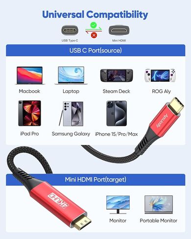 كابل USB C إلى Mini HDMI بطول 3 أقدام للشاشة المحمولة، سلك عالي السرعة من النوع C إلى Mini HDMI 2.0 4K@30 هرتز، 2K، 1080P، HDR، ARC لأجهزة الكمبيوتر المحمول، MacBook، iPad Pro، iPhone 15 Pro/Max، Galaxy S23/S22 in Kuwait