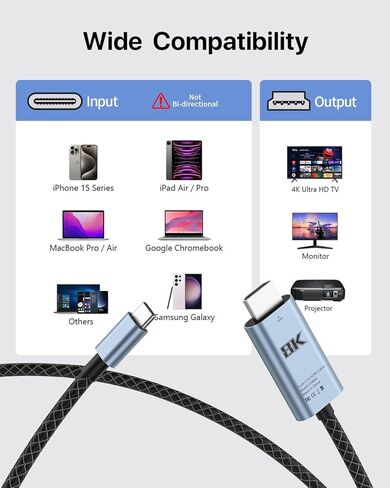 كابل 8K USB C إلى HDMI 2.1 بطول 6.6 أقدام، 8K@60 هرتز 4K@144 هرتز النوع C إلى HDMI 48 جيجابت في الثانية HDR HDCP2.3، متوافق مع iPhone 15 وMacBook Pro وGalaxy S23 وPixel 7 وXPS in Kuwait