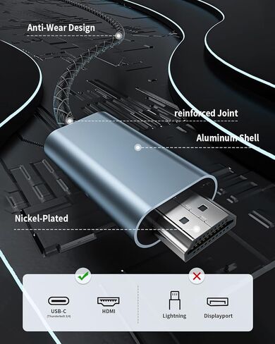 كابل 8K USB C إلى HDMI 2.1 بطول 6.6 أقدام، 8K@60 هرتز 4K@144 هرتز النوع C إلى HDMI 48 جيجابت في الثانية HDR HDCP2.3، متوافق مع iPhone 15 وMacBook Pro وGalaxy S23 وPixel 7 وXPS in Kuwait